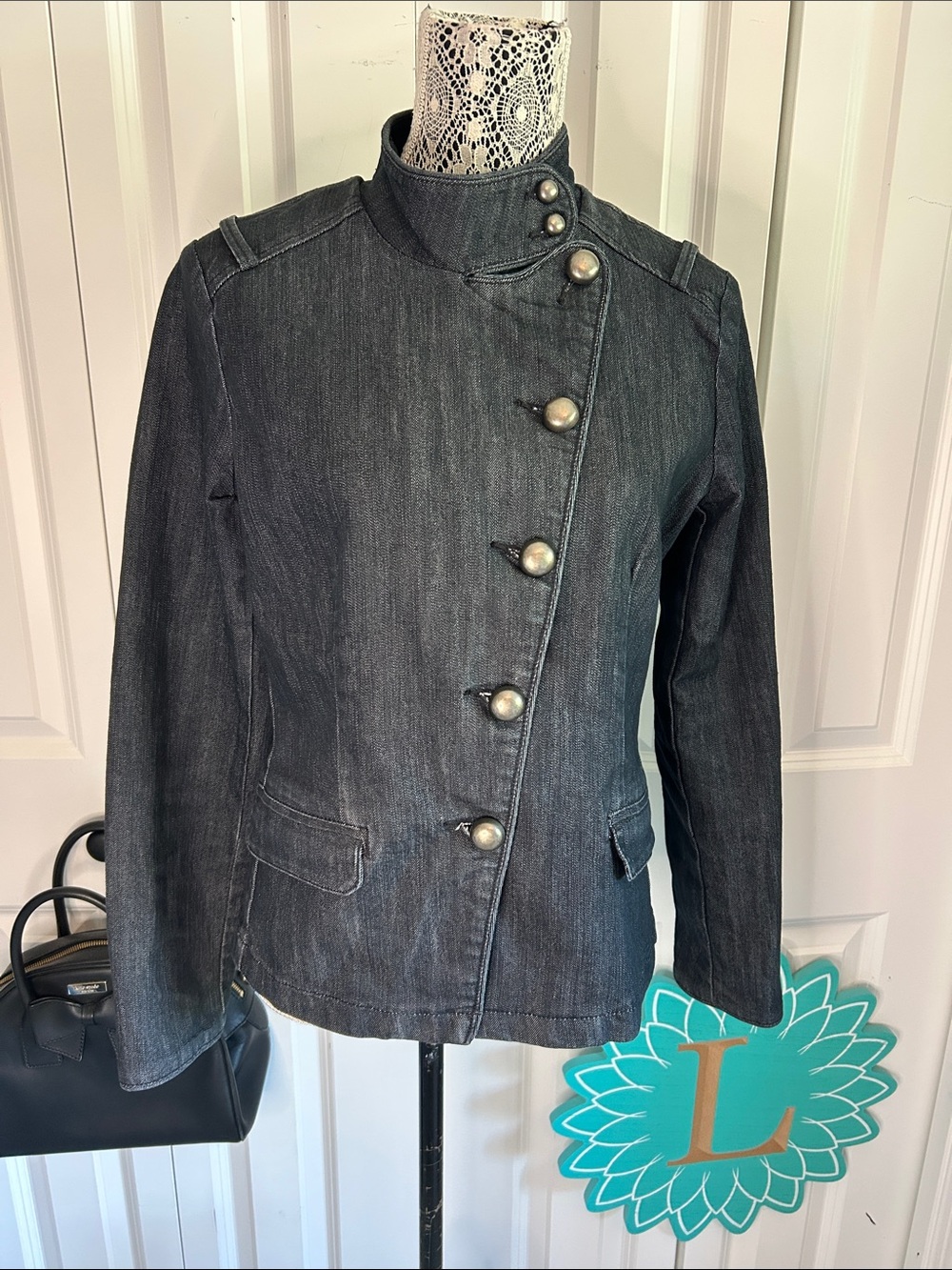 Bassini Dark Wash Denim Asymmetric Military Style Jacket Size Medium
